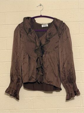 27 Miles Malibu Long-Sleeve Cascade Ruffle Pin-Tuck Blouse in brown